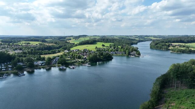 Aerial view of the Bever Reservoir in the Oberbergischer Kreis district of North Rhine-Westphalia. H&uuml;ckeswagen, Germany.