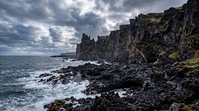 Dramatic volcanic coastline with crashing waves in Iceland
