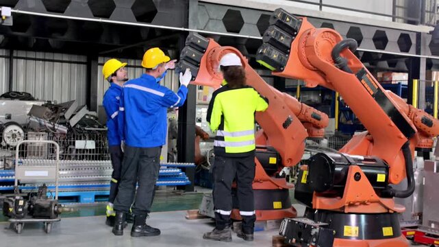 Factory workers in safety gear inspect industrial robotic arms and machinery