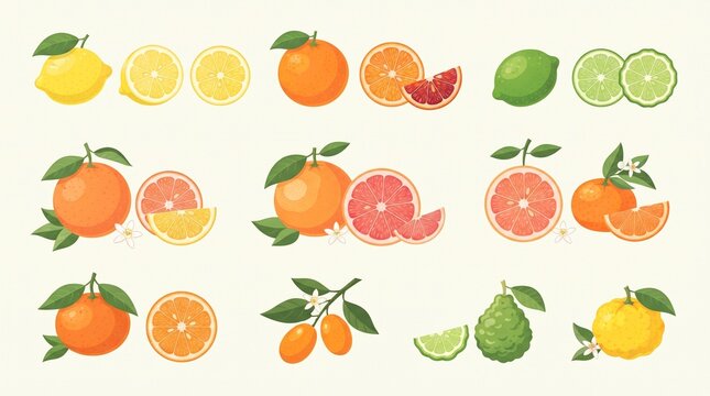 set of fresh citrus fruits and slices
