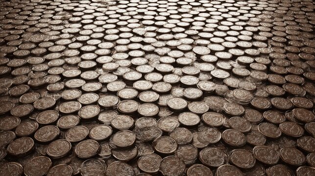Super realistic extreme macro texture of hundreds of identical metallic coins densely covering the entire frame, repeating embossed edges