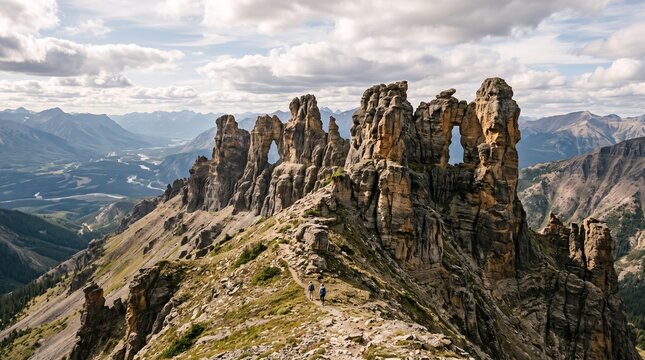 Hikers on a mountain ridge with natural rock arches