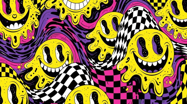 Melting smiley faces with distorted checkerboard patterns in bold acid colors, creating a playful surreal psychedelic abstract composition.