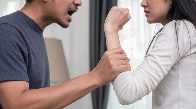 Aggressive Man Shouting While Grabbing Woman Arm During Intense Domestic Conflict At Home, Social Issues And Relationship Violence