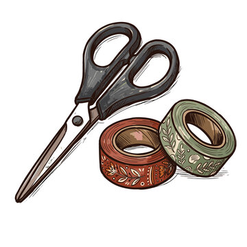 Craft Scissors with Decorative Floral Washi Tape Rolls Element, Generative AI Stationery PNG Clipart