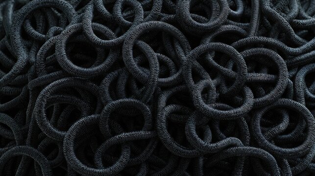 Super realistic macro texture of hundreds of identical black elastic hair ties densely overlapping across the entire frame, circular loops creating