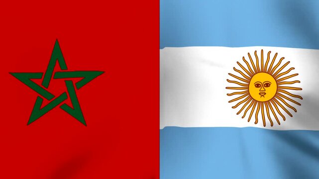 Waving national flags of Morocco and Argentina combined side by side in a conceptual international design background