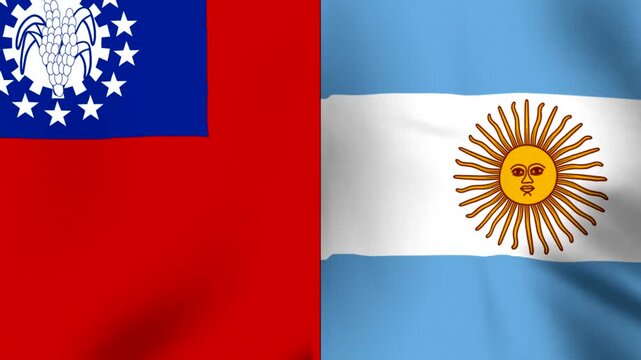 Waving national flags of Myanmar and Argentina side by side concept