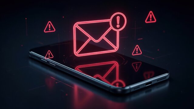 Smartphone with glowing red email icon and warning signs