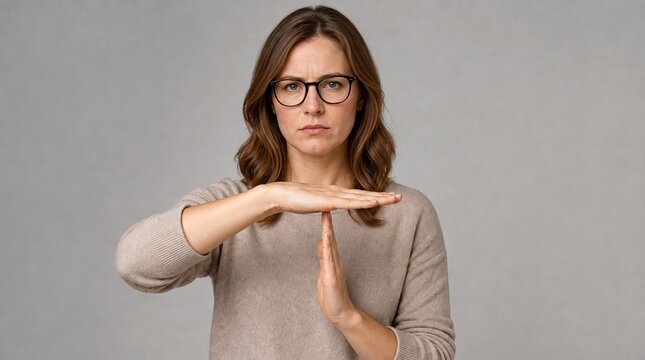 Serious Woman Wearing Glasses and Beige Sweater Making Timeout Hand Gesture, Expressing Need for Break or Pause in Communication