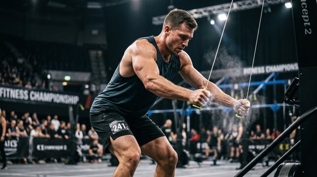 Intense action shot of a muscular male fitness competitor aggressively pulling down on a SkiErg machine during an arena competition, surrounded by chalk dust