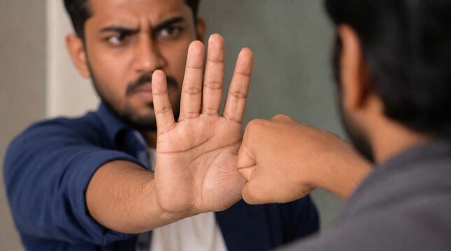 Serious Man Using Open Hand To Block Fist In Physical Confrontation, Concept Of Self Defense And Martial Arts