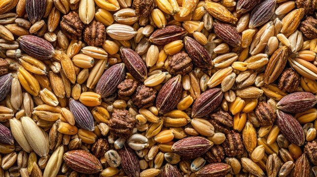 Ultra realistic extreme macro texture of diverse cereal grains densely overlapping together, wheat, rye, barley, oats, millet, sorghum and quinoa