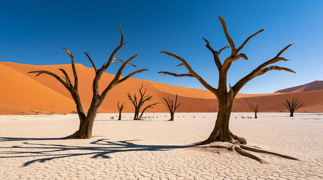 Ancient dead trees stand on a cracked clay pan in Deadvlei, Namibia. Ideal for travel and climate change themes.