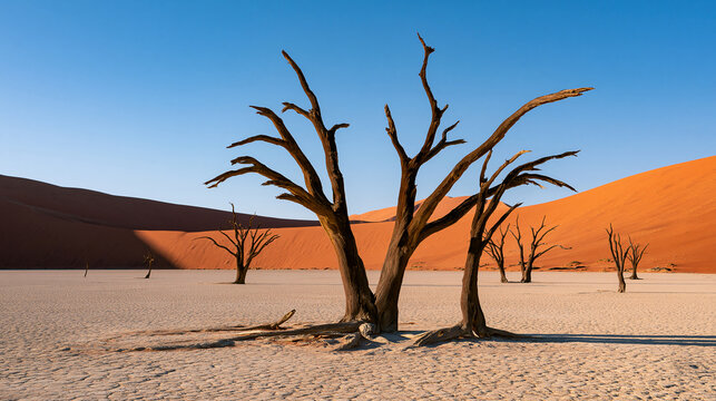 Dead camelthorn trees stand in Deadvlei clay pan under bright blue sky surrounded by red dunes. Perfect for travel editorial or climate change concepts.