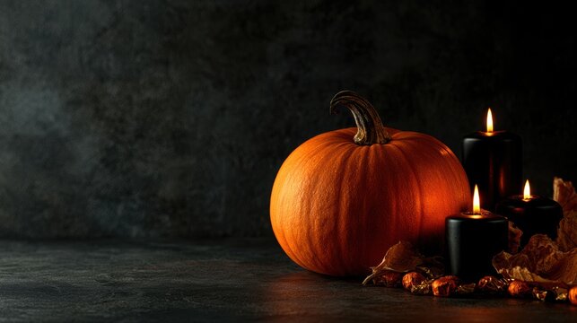 Rustic autumn pumpkin centerpiece with glowing black candles and dried foliage against dark textured background