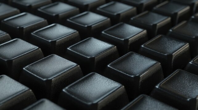 Ultra realistic extreme macro texture of hundreds of identical black computer keyboard keys densely arranged together, repeating rectangular forms
