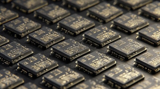 Ultra realistic extreme macro texture of hundreds of identical computer microchips densely arranged in a precise geometric grid, black semiconductor