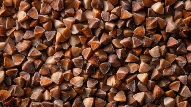 Ultra realistic extreme macro texture of raw buckwheat groats, sharply defined triangular grains with angular edges, subtle brown and beige