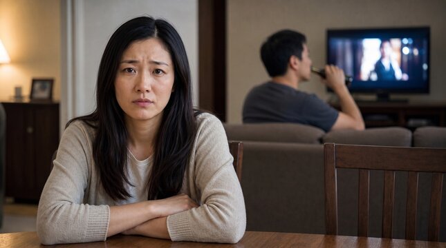 Unhappy Asian Woman Sitting At Wooden Table While Her Neglectful Husband Watches Television, Depicting Marital Conflict And Emotional Isolation