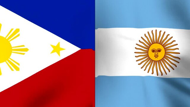 Waving national flags of the Philippines and Argentina side by side in a split screen composition