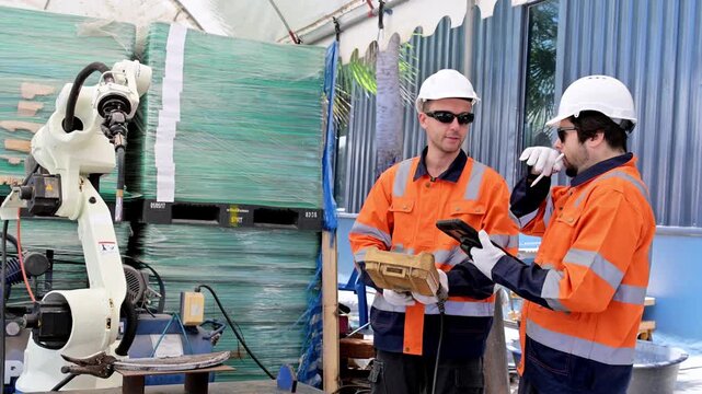 Robotic Precision and Human Oversight: Two engineers in a factory setting, clad in high-visibility workwear, collaborate while observing a robotic arm in action.