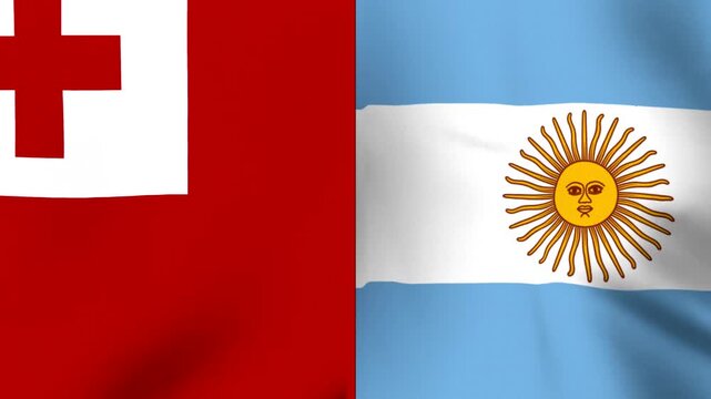 Waving national flags of Tonga and Argentina displayed side by side as a split screen composition