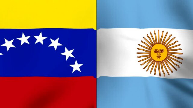 Waving national flags of Venezuela and Argentina combined in a single textured fabric design