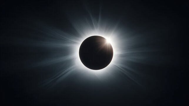 Ultra realistic total solar eclipse viewed from deep space, brilliant white corona surrounding a perfectly dark lunar silhouette, subtle solar