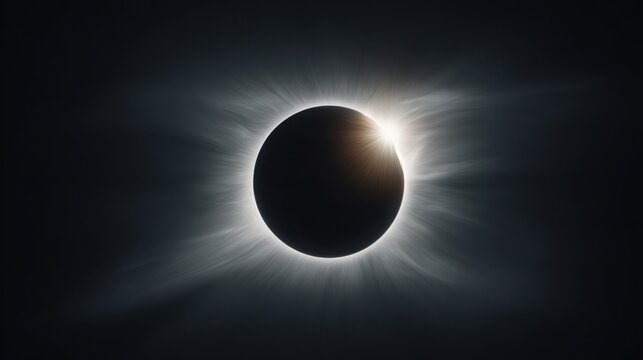 Ultra realistic total solar eclipse viewed from deep space, brilliant white corona surrounding a perfectly dark lunar silhouette, subtle solar