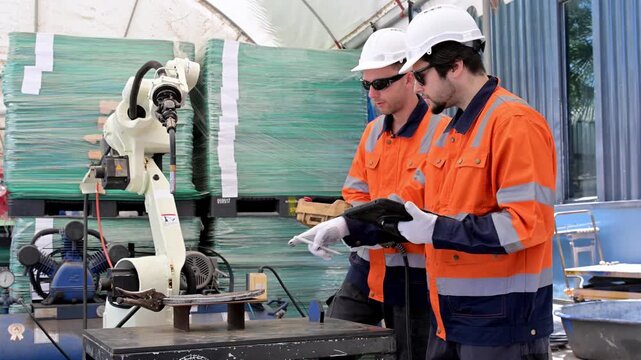 Construction workers in safety gear inspect robotic arm and materials