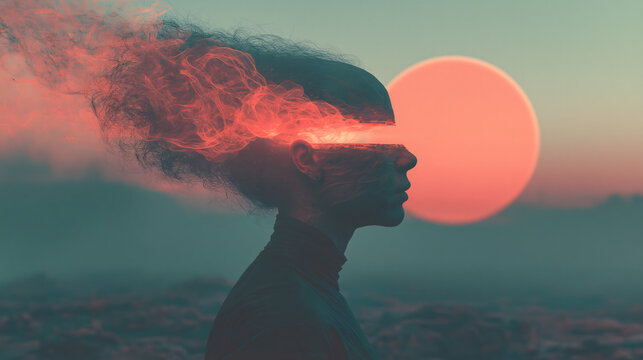 Fiery Mind Unleashed: A silhouette of a person's head is engulfed in vibrant flames and smoke, with a surreal sunset creating a dramatic backdrop.