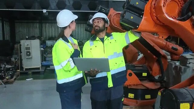 Factory workers in high-visibility gear collaborating near industrial robotic arms