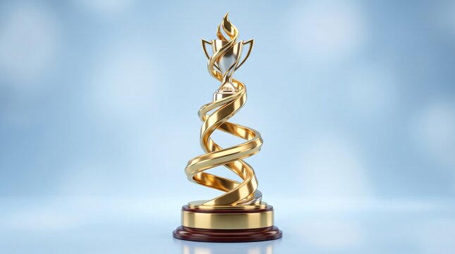 Golden Trophy of Excellence: An ornate golden trophy with a swirling ribbon design stands tall on a wooden base, symbolizing achievement, recognition, and outstanding success.