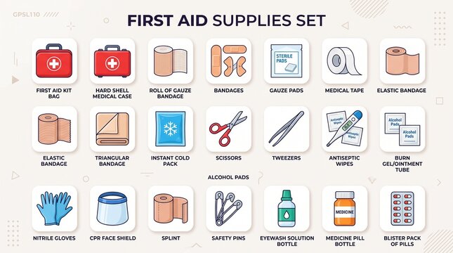 Medical first aid supplies and emergency equipment icons set