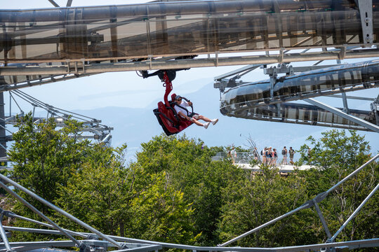 Tourist Riding a Suspended Mountain Coaster Above Forest with Scenic Lake and Mountain View, Summer Adventure Travel Attraction