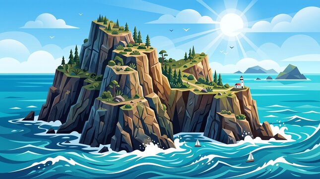 Vector illustration of a rocky island with a lighthouse in the ocean