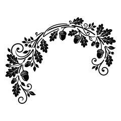 Harvest, Vintage oak leaf branch with acorns, black silhouette floral arch vector, decorative autumn forest foliage border isolated on White Background © MITURANI