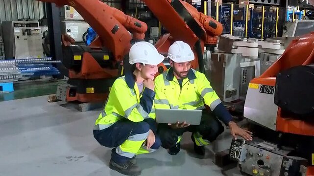 Factory workers in high-visibility gear inspect robotic arm with laptop