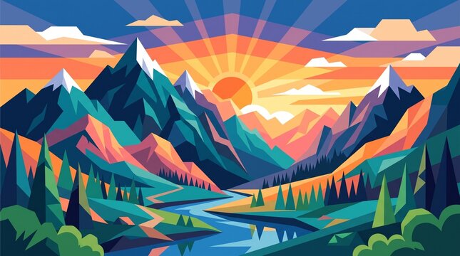 Geometric Mountain Landscape Sunrise River and Forest