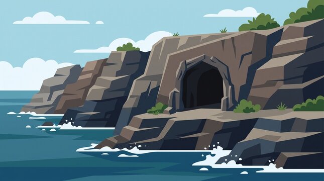 Cave entrance on rocky coastline with ocean waves