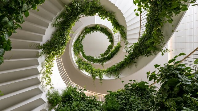 Modern staircase interior wrapped with climbing plants and green vines, showcasing architecture seamlessly integrated with nature from a dramatic upward perspective.