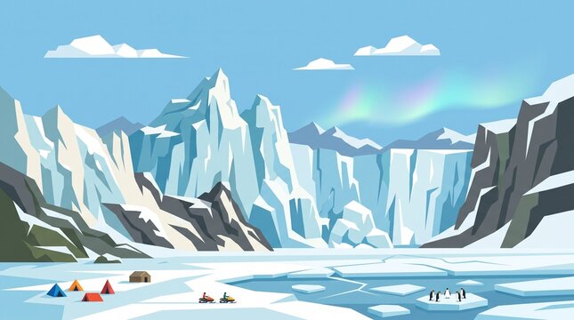 Arctic landscape with mountains and snowmobile travelers
