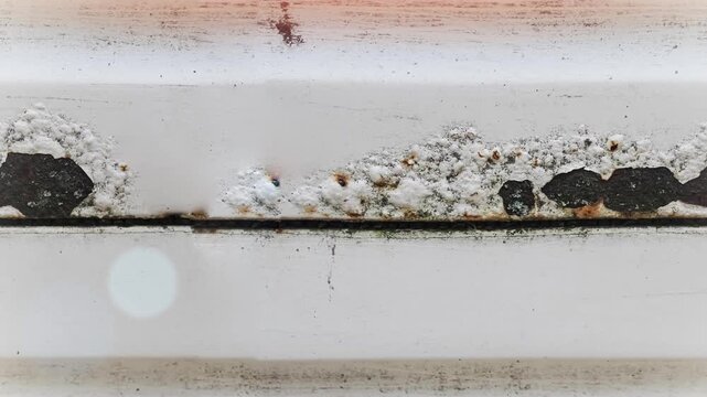Seamless 4K looping vertical movement over a weathered painted metal surface with rust and peeling details. Ideal for industrial backgrounds grunge visuals and overlays.