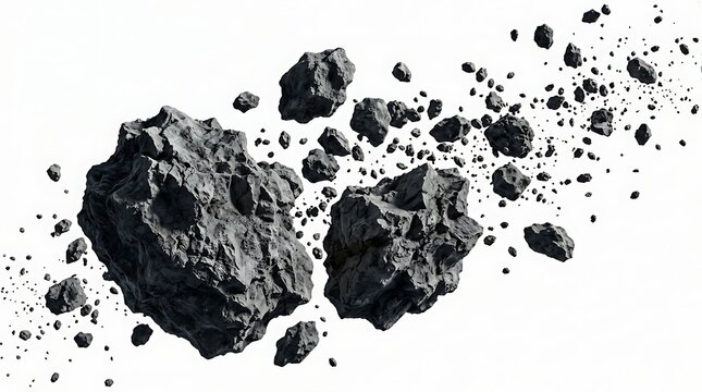 Group of floating dark space rocks and asteroids