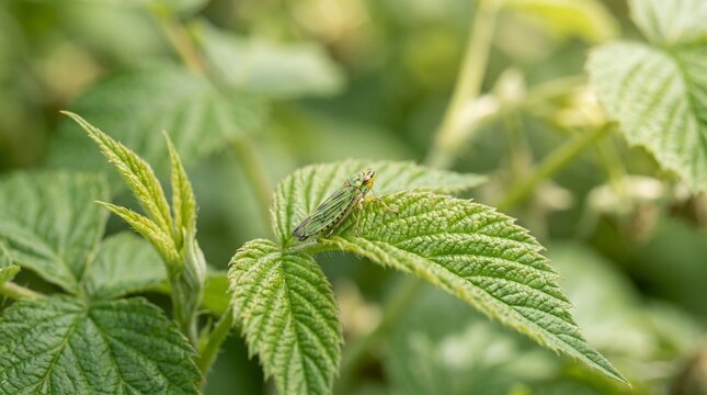 Green leafhopper insect on a raspberry leaf