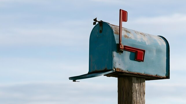 Isolated weathered blue rural mailbox with red flag open on rustic wooden post