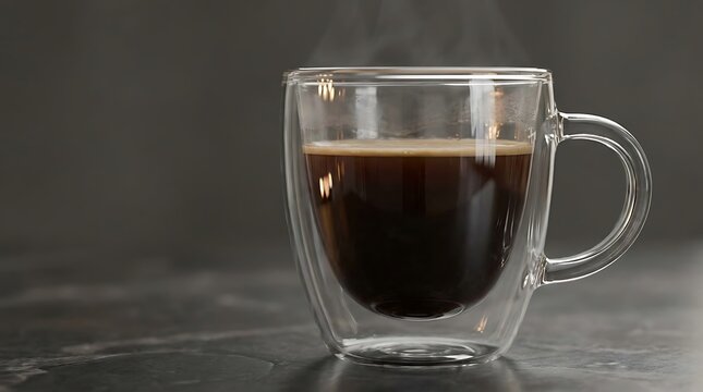 Clear glass cup with hot black coffee sitting on a dark stone table in a cozy morning kitchen room