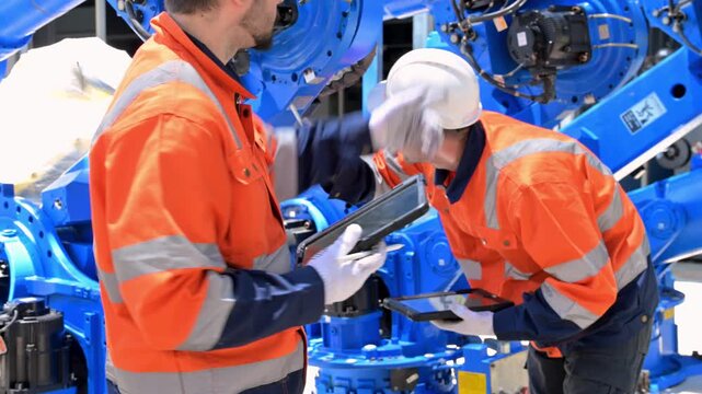 Industrial workers in high-visibility gear inspecting robotic arms in a factory