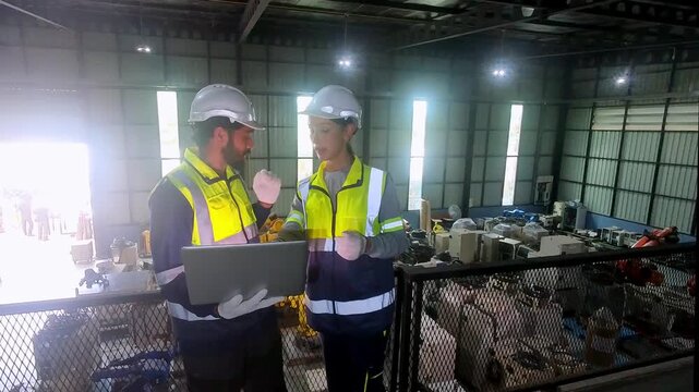 Engineers in hard hats and safety vests review data on a laptop in a warehouse